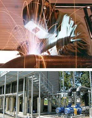 collage photograph of a welder and large pipes outside